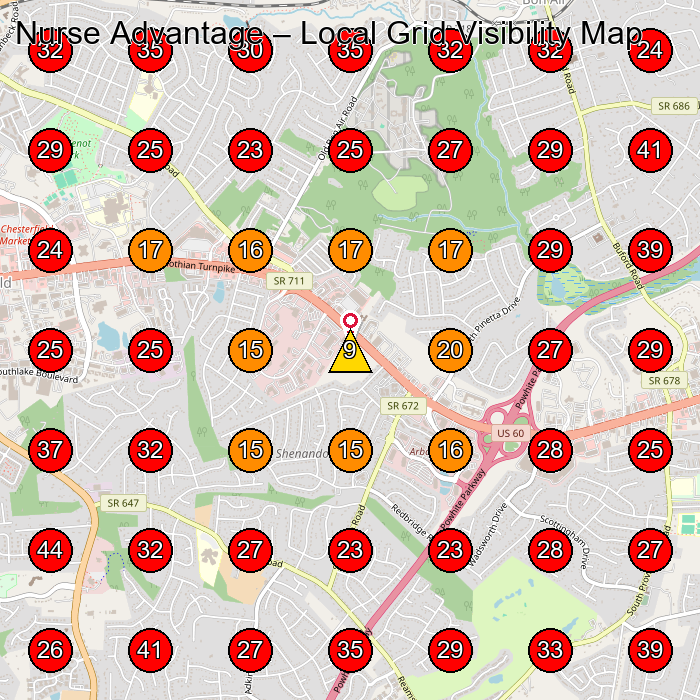 Nurse Advantage GeoGrid visibility map for House Cleaning Service in Midlothian